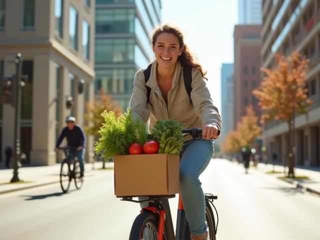 Smiling person riding an electric cargo bike with groceries, urban street in background