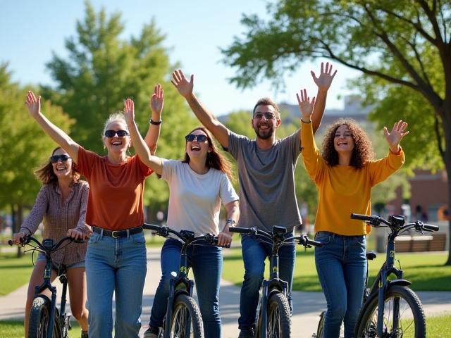 Group of diverse people cheering with e-bikes in a park, symbol of sustainable travel